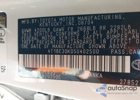 2005 Toyota Camry Le from USA, damaged, VIN 4T1BE30K05U402500